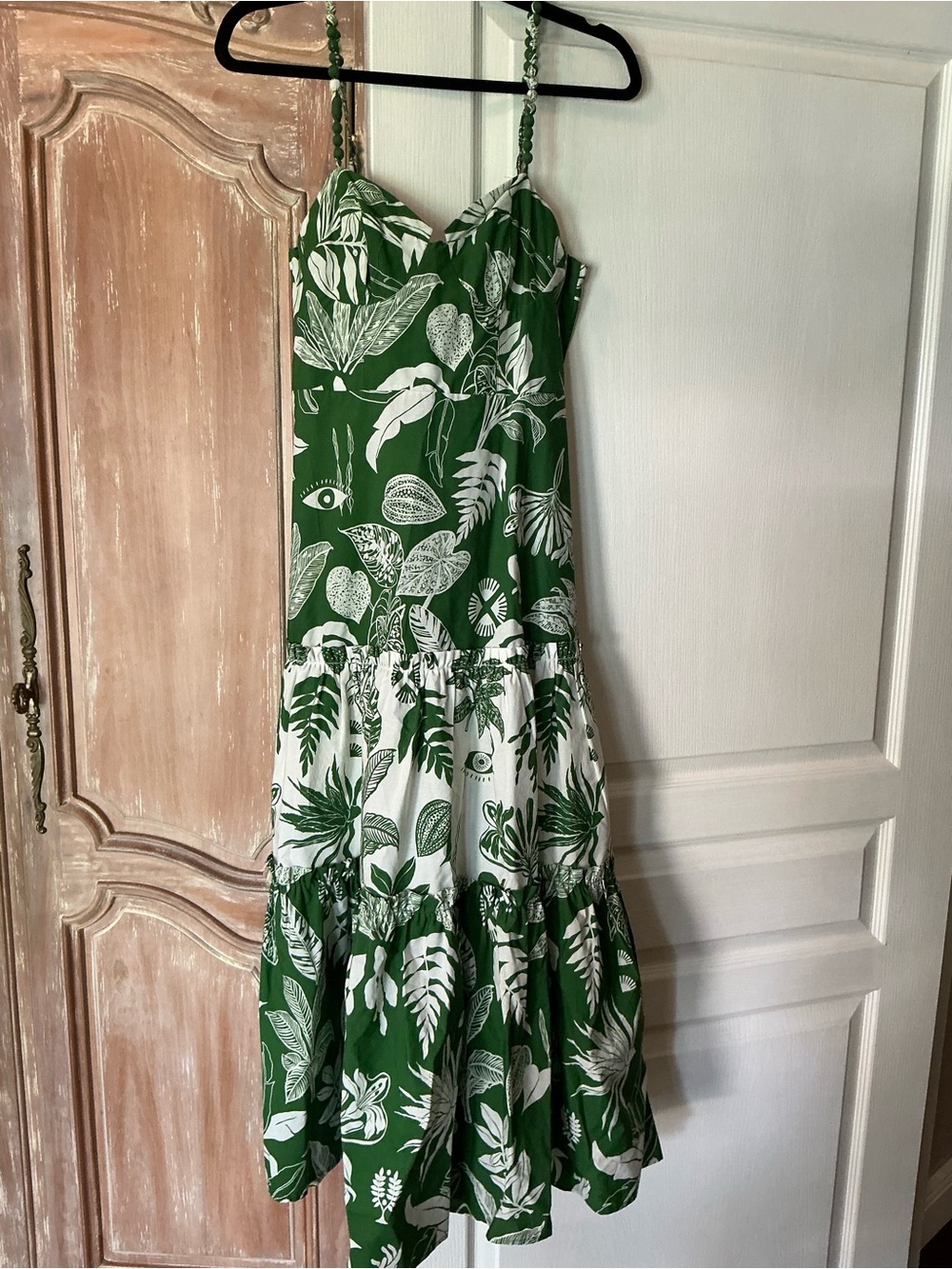 Farm Rio Green Tropical Print Maxi Dress with White Leaf Motif